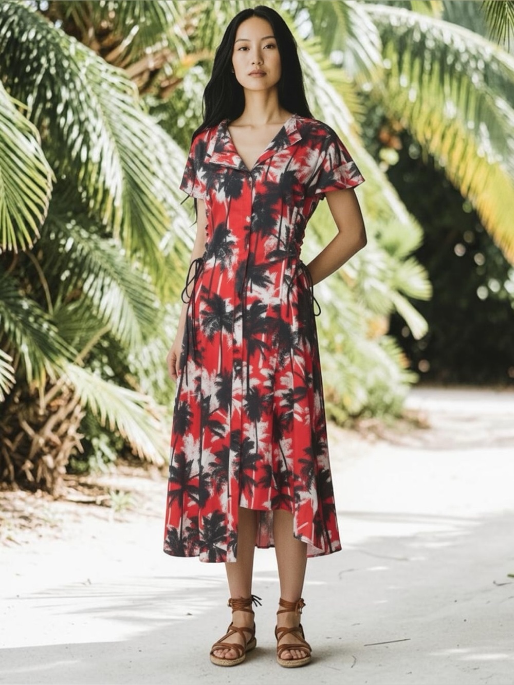 Jason Wu Size 4 Red Black Palm Tree Print Midi Dress Lace-Up Waist
